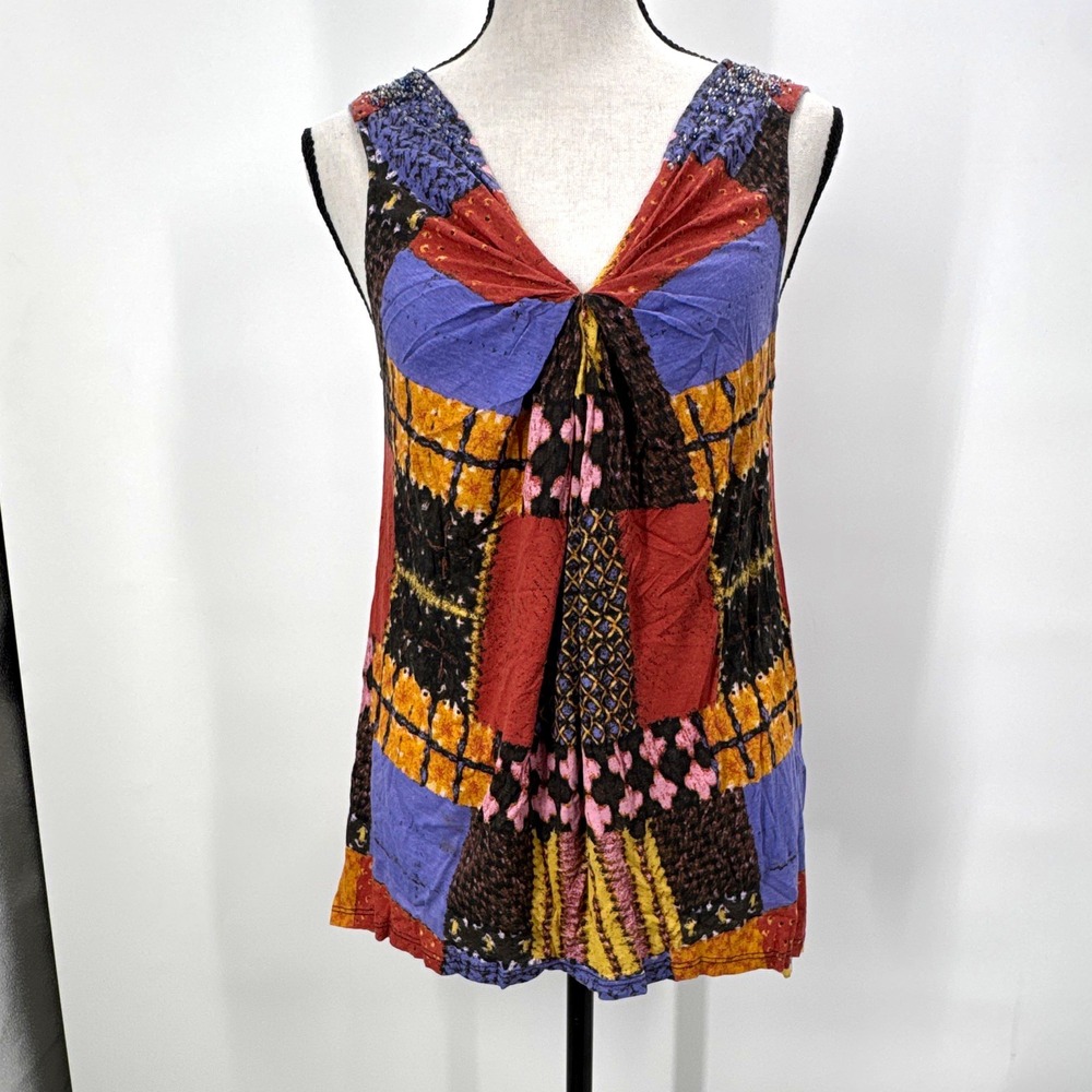 A Common Thread Sz S Multicolor Patchwork Rayon V-Neck Sleeveless Shift Dress